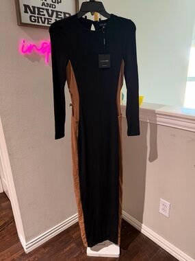 JLUXLABEL Black and Brown Long Sleeve Midi Dress